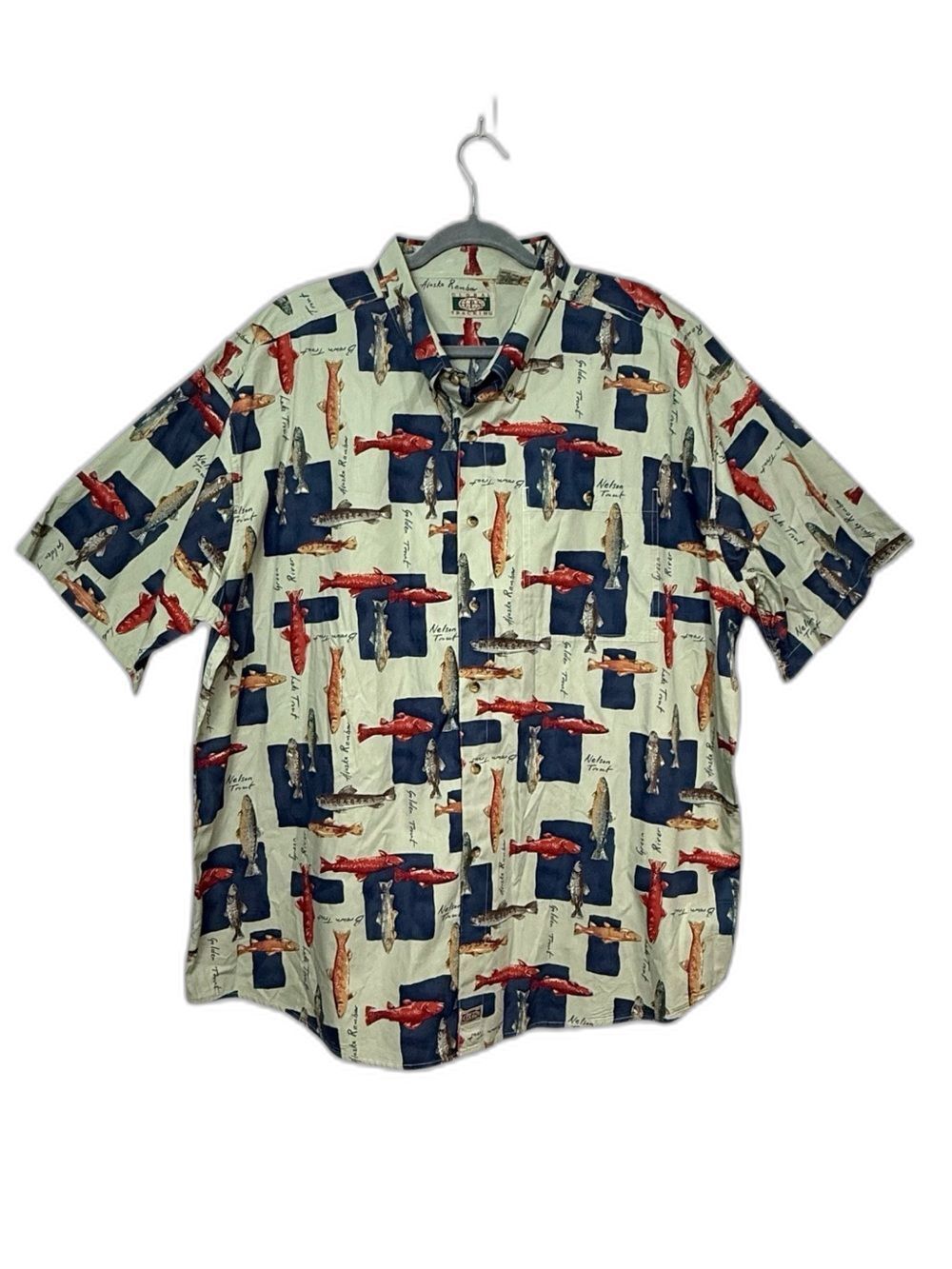 Global GPS Tracking Fish Print Button Down Shirt 2XL Gorpcore Outdoors AOP